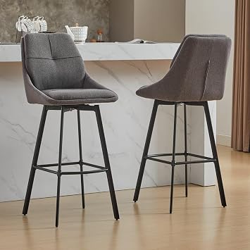 Counter Height Bar Stool Swivel Bar Stools 2 Set for Kitchen Island Modern Square Barstools with Linen Backrest Wide Cushion Metal Leg Industrial Bar Chair Home Furniture Cafe Pub 29 Inch Dark Grey