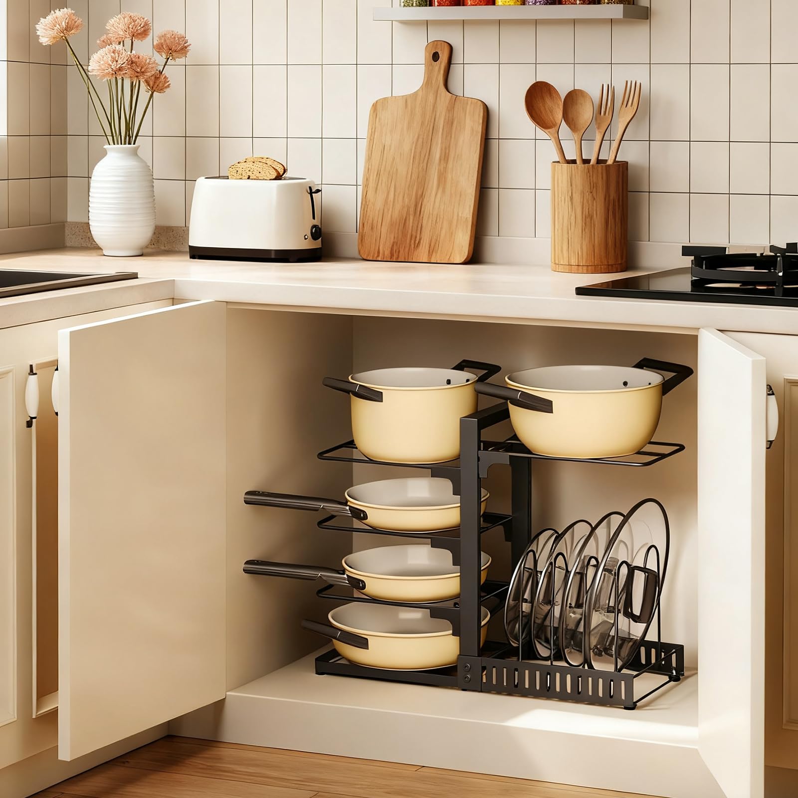 CHOEZON verstellbares Topf-Organizer, doppelseitiger Küchenorganizer, Topf- und Pfannenhalter, Pfannenhalter im Schrank, Topfdeckelhalter, für Küche und Esszimmer, Schwarz DTPR40BB