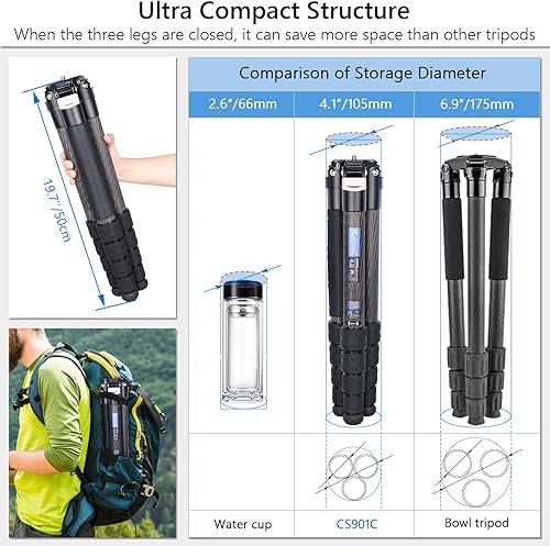 Miniatura 3 de Trípode profesional de fibra de carbono resistente CS901C con columna central externa, monopod desmontable, compacto y ligero, soporte de cámara de
