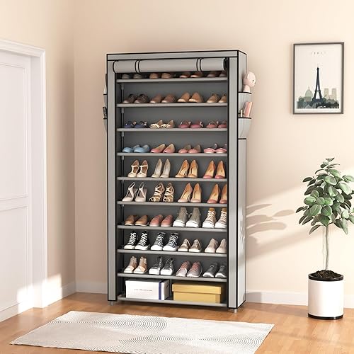 Miniatura 2 de ROJASOP Zapatero con cubiertas, estante apilable de 10 niveles de alto para zapatos, 50-55 pares de zapatos y botas, organizador vertical de gran