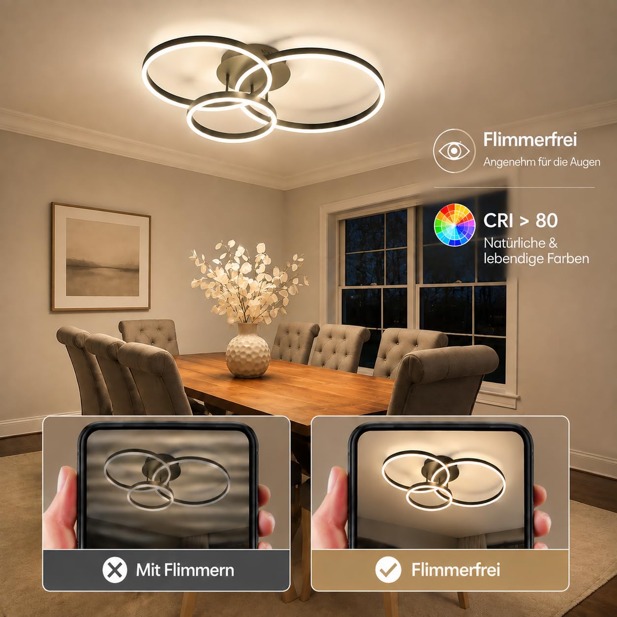 ZMH Lampada da Soffitto a LED Plafoniera Camera - Dimmerabile con | Telecomando Nero Lampada Design con 3 Anelli Metallo 74W Moderna Illuminazione Interni per Soggiorno Cucina Ufficio e Studio