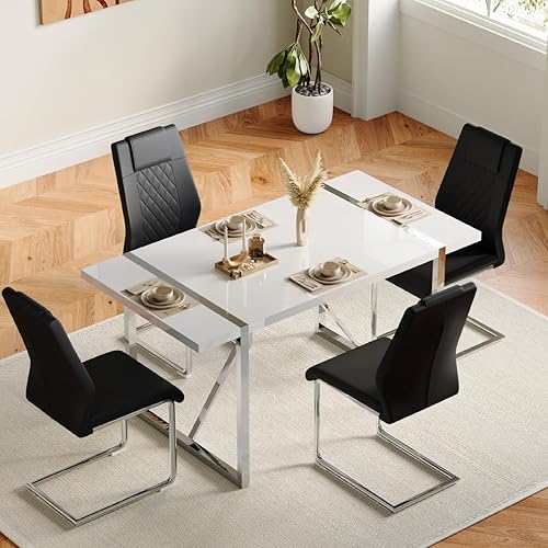 Vista 41 de Juego de mesa de comedor gopop para 6, juego de mesa y sillas de cocina de 6, mesa de 140 cm x 85 cm con acabado de laca blanca brillante y marco