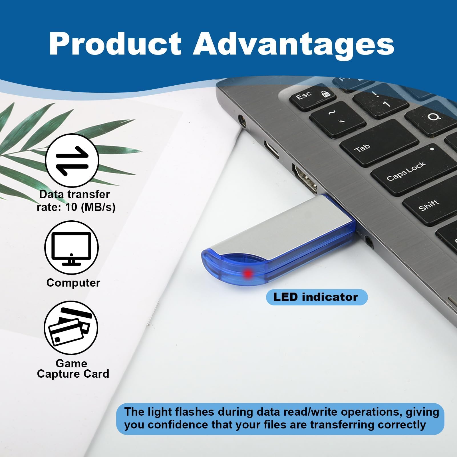 64GB FAT32 USB 2.0 Flash Drive, USB Memory Stick with Protective Cap & Keyring, Pen Drive for Game Capture Card/Cassette Player/PC/Laptop, External Photo/Video/Data Backup with LED Indicator (White) — view 4