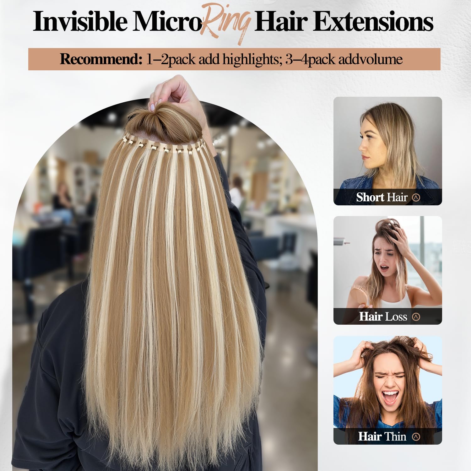 WIGNEE 2PCS OVO Straight Human Hair Extensions 18 Inch 70G Light Blonde Highlighted Golden Blonde Balayage Seamless Hair Micro Beads No Clip In(18/613, 18Inch)