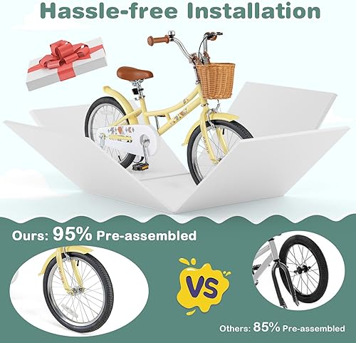 Miniatura 5 de BABY JOY Bicicleta retro para niños, 12, 14, 16, 18 pulgadas, para niños de 3 a 8 años, con cesta de ratán, altura ajustable, ruedas de