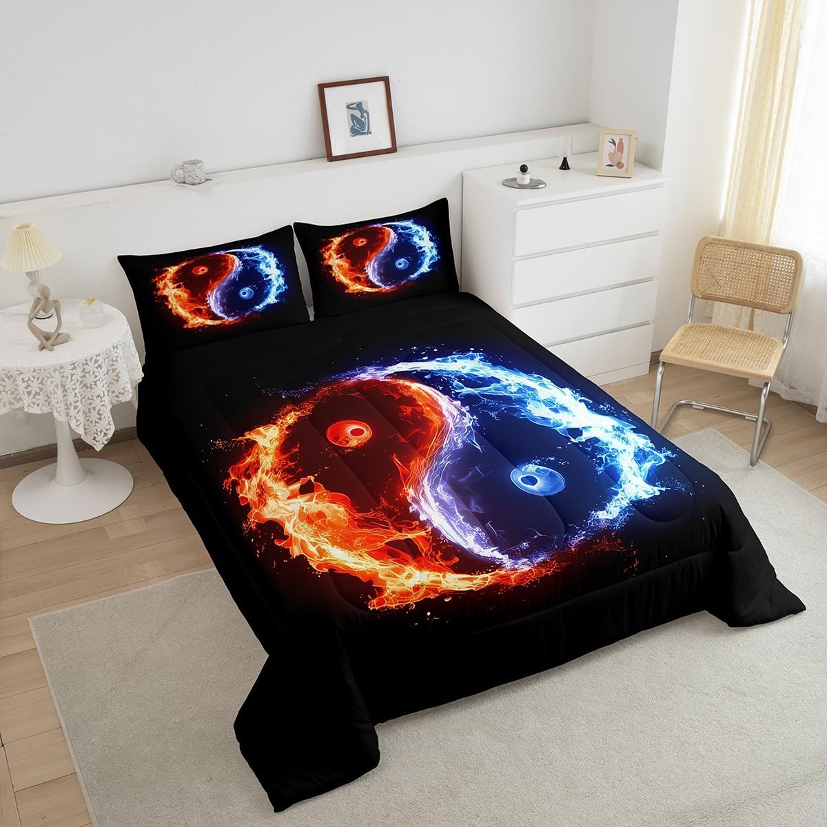 Erosebridal Yin Yang Comforter Set Queen Size, 3D Tai Chi Printed Bedroom Decor Bedding, Fire Water Taoist Culture Bedding Comforter Sets for Bed, Black Blue Bagua Kids Boys Lightweight Duvet Insert
