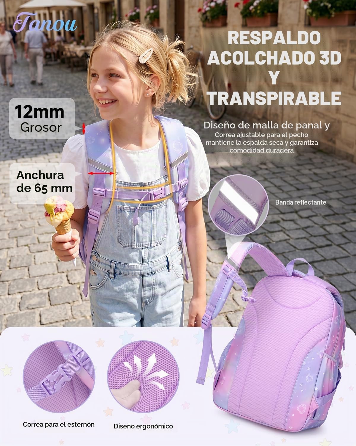Tanou Mochilas Escolares Niña, 20 Litros Transpirable Mochila Colegio Niña de 7 a 11 Años, Nylon Repelente al Agua Mochila de Niñas Escolar