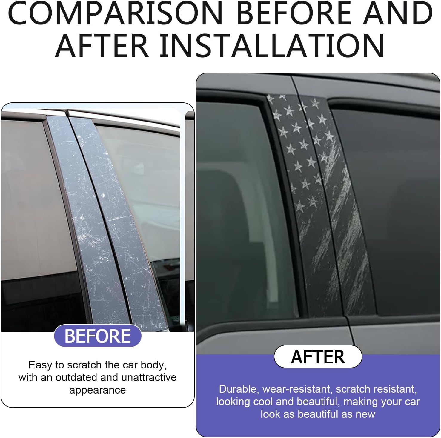 2 PCS Car B Pillar Stickers, Aged American Flag Patriotic Decal, Waterproof Scratch-Covering Trim Decoration, Universal Self-Adhesive Protective Film for Car Door Window Pillar (Black)