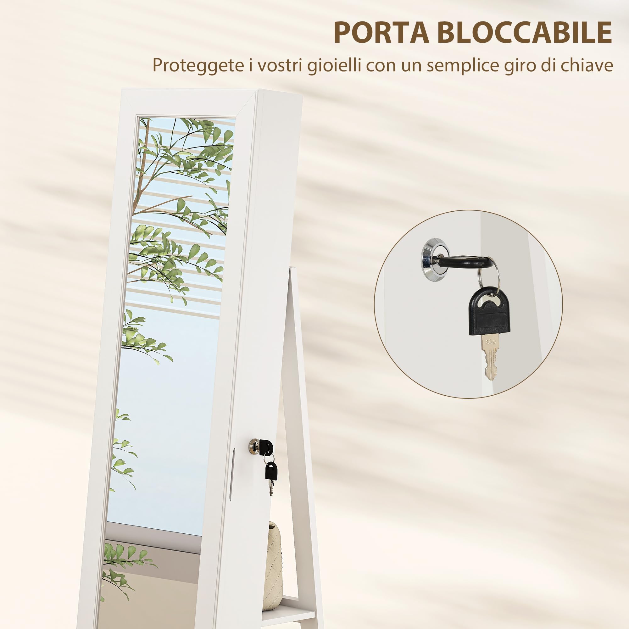 HOMCOM Specchio Portagioie Girevole a 360°, Armadietto Portagioie con Serratura con Chiave, Specchio a Figura Intera con 3 Ripiani sul Retro e 2 Cassetti, 55x55x161 cm, Bianco