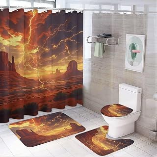 4Pcs Lightning Storm Fantasy Shower Curtain Sets, Rug Toilet Lid Cover Bath Mat, Sky Cloud Desert Mountain Bathroom Shower Curtain with 12 Hooks, 72 x 72 Inch