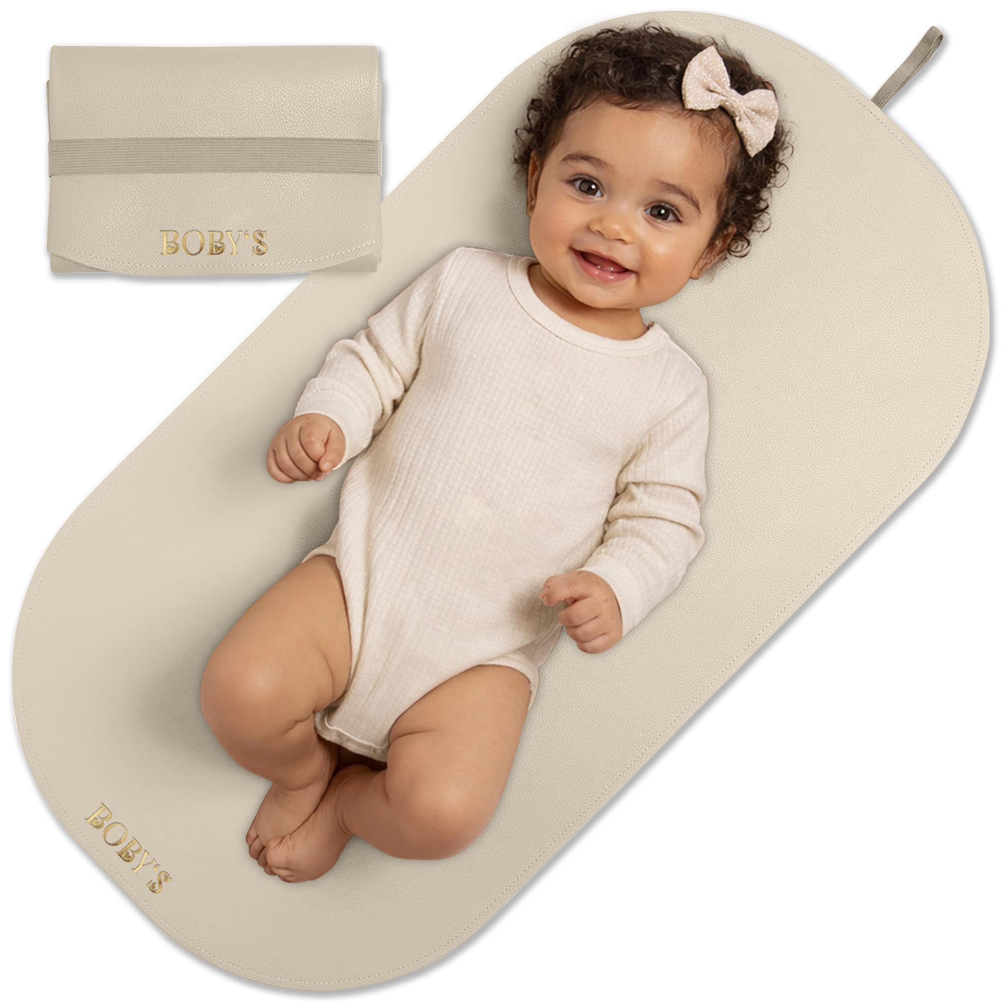 Wickelunterlage für unterwegs Baby Wickelmatte wasserdicht & abwaschbar faltbare Reise Wickelauflage aus veganem Leder Wickeltischauflage kompakt für Wickeltasche hygienisch Neugeborene (Beige)