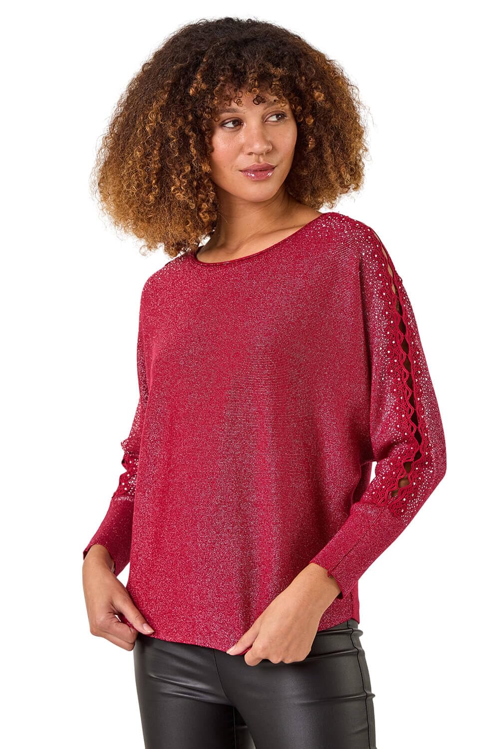 Roman Originals Women's Red Contrast Embellished Knit Jumper For Uk - Everyday Autumn Winter Crew Neckline Comfy Soft Evening Vacation Work Party Night Out - Small