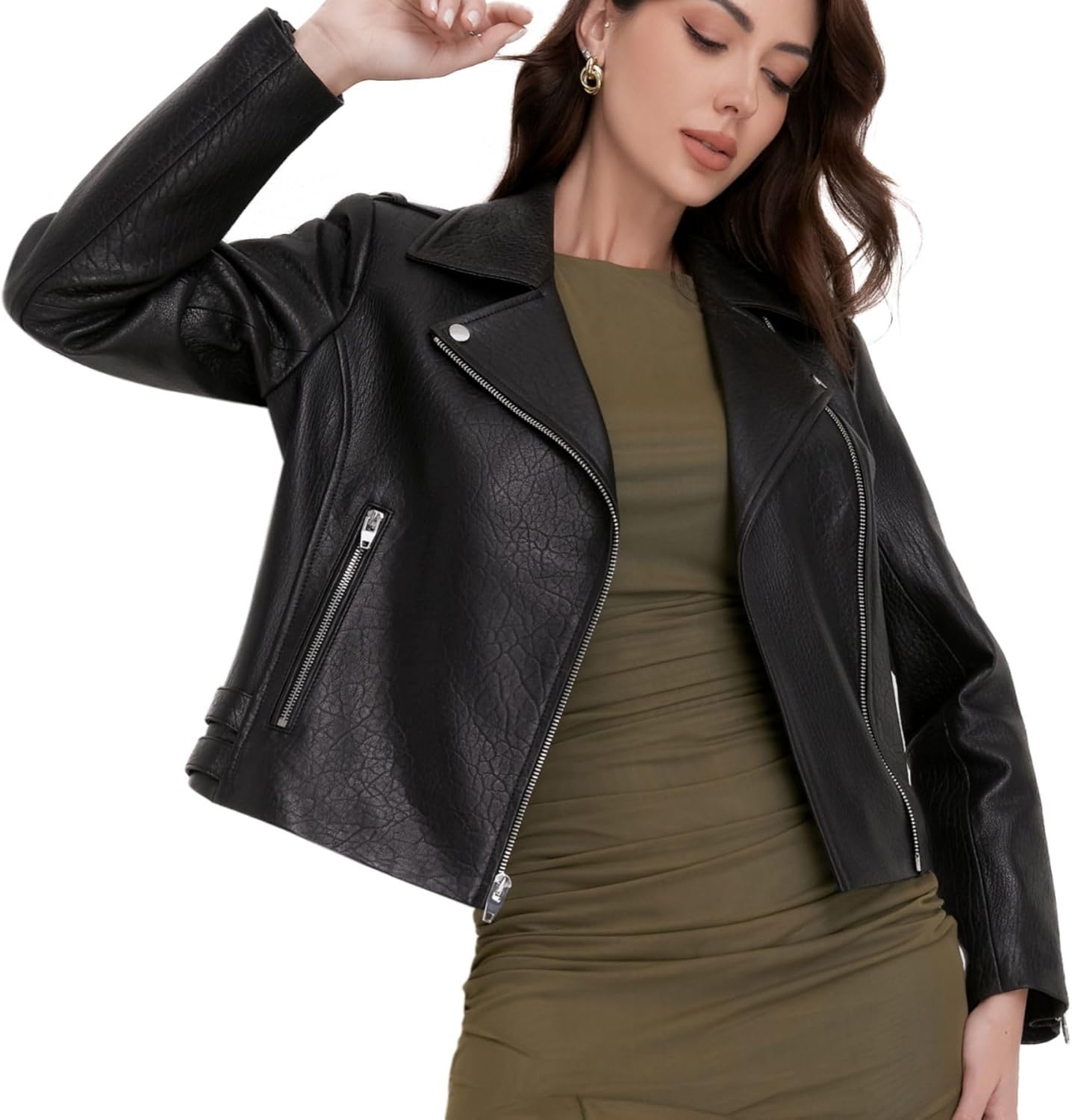 SILVER FASHIONS Lambskin Leather Jacket Women,Motorcycle Jacket,Asymmetrical Zip Style,Buckle Belts,Quilted Details