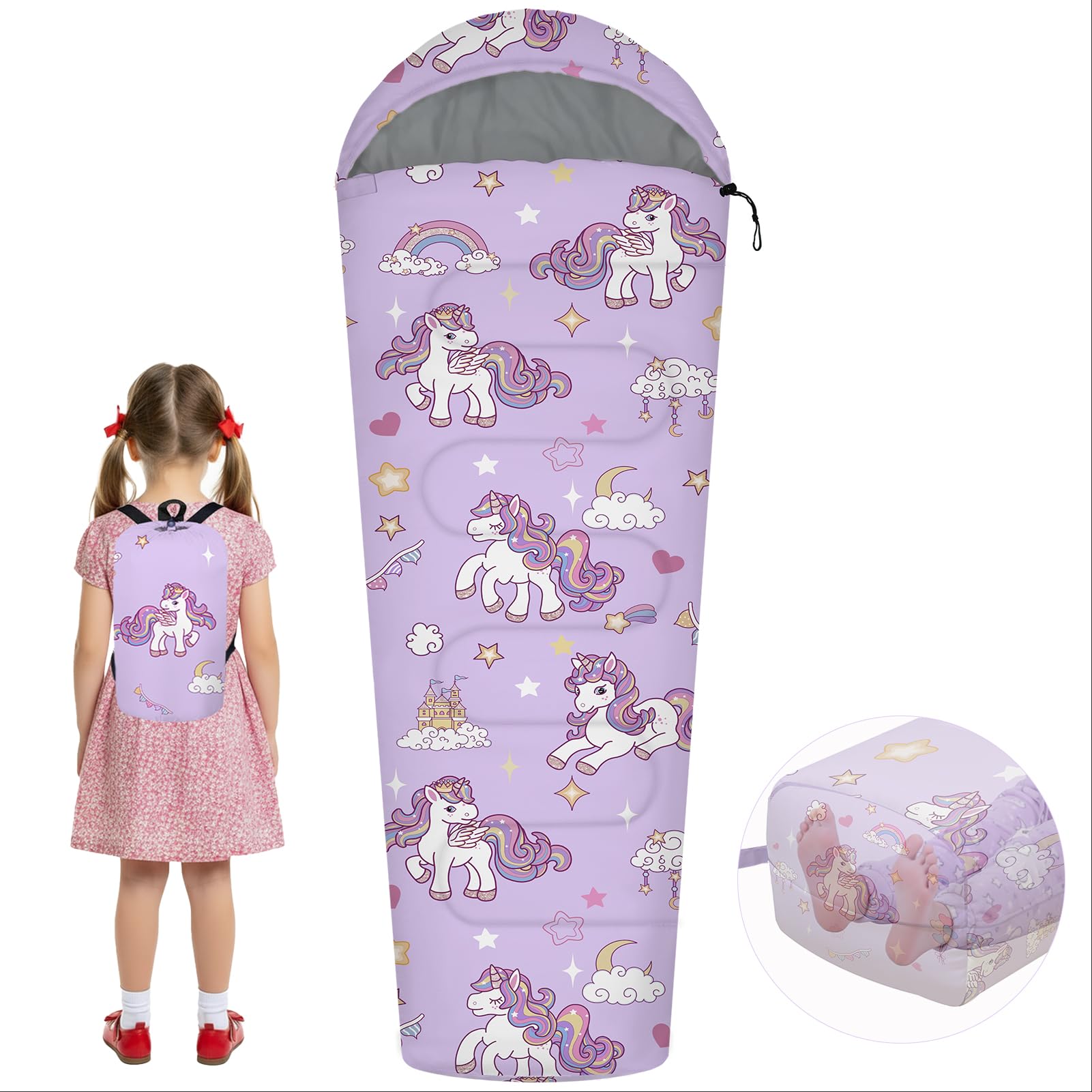 Kids Sleeping Bag for Girls 3 Season Child Sleeping Bag with Backpacking Bag Warm Cool Weather Portable Comfortable