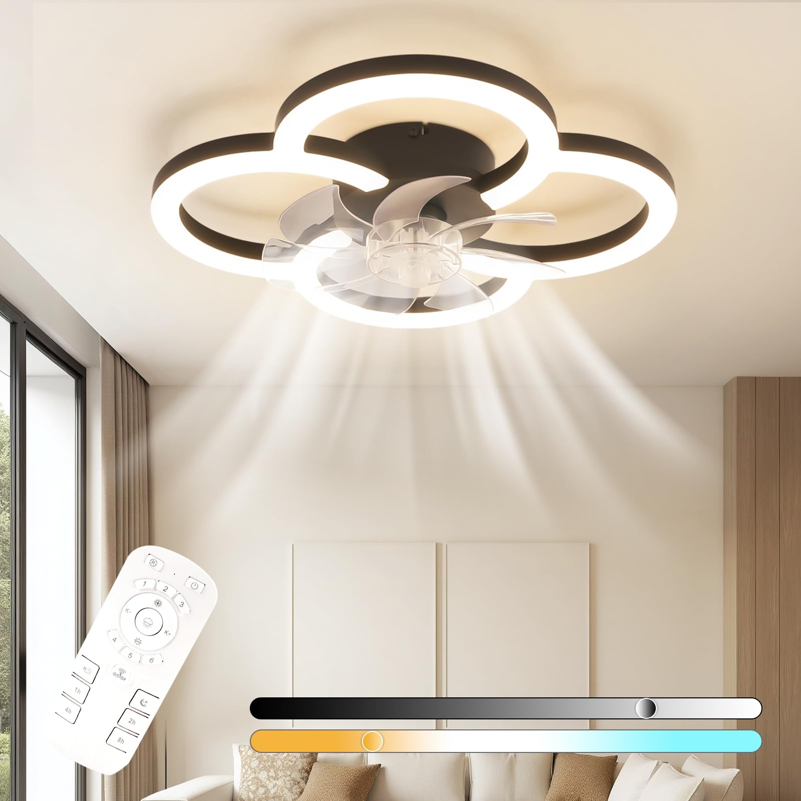 Homefire Wentylator sufitowy LED z oświetleniem – 40 W, cichy, czarny, z pilotem, z regulacją jasności, nowoczesny, z 6-stopniowym timerem, do sypialni