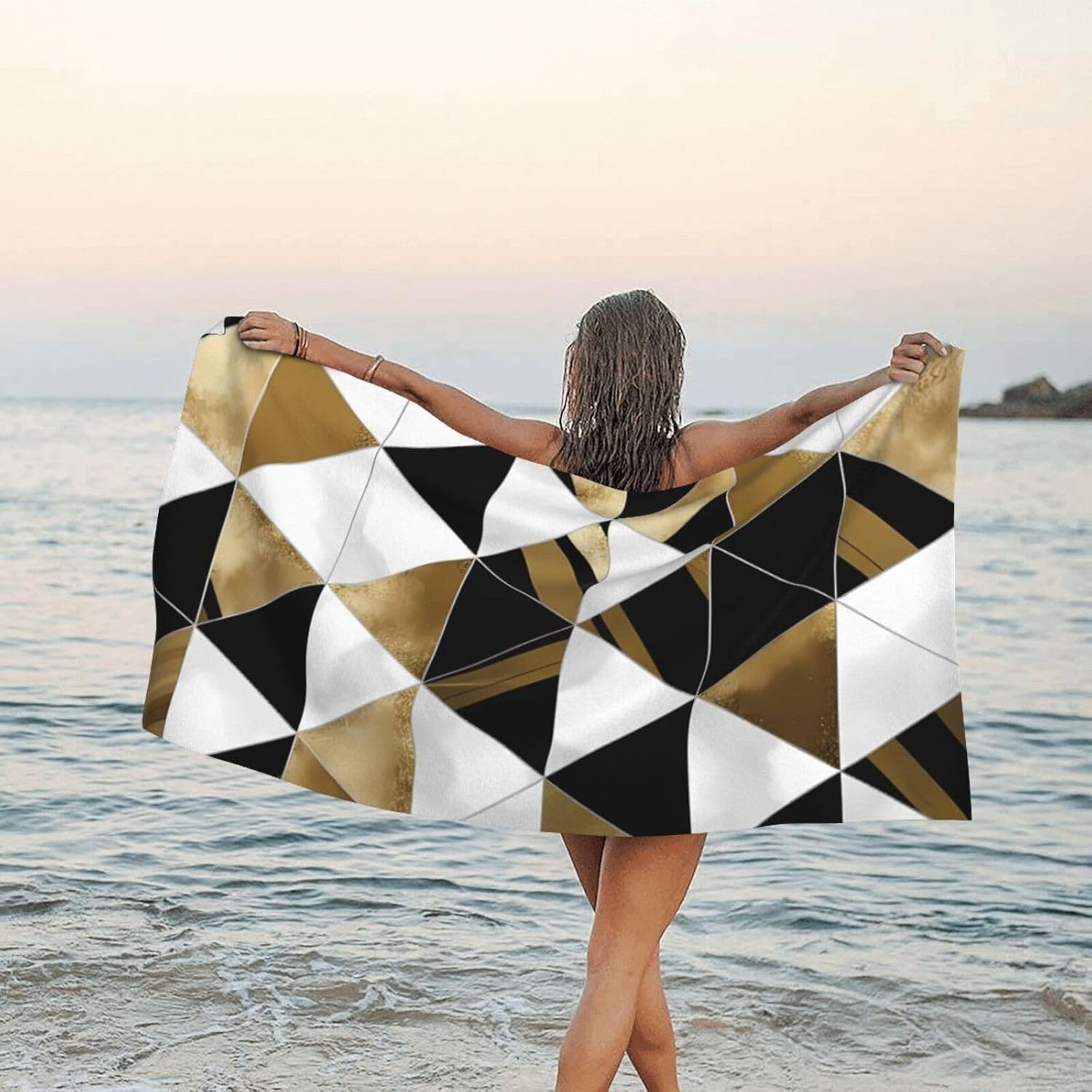 KHiry Microfiber Towel Beach Towels Fashion Modern Gold Triangles Quick Dry Towel Soft Lightweight Travel Towels Absorbent Large Easy Pack Travel Things Beach Blanket for Gym Sports Swimming