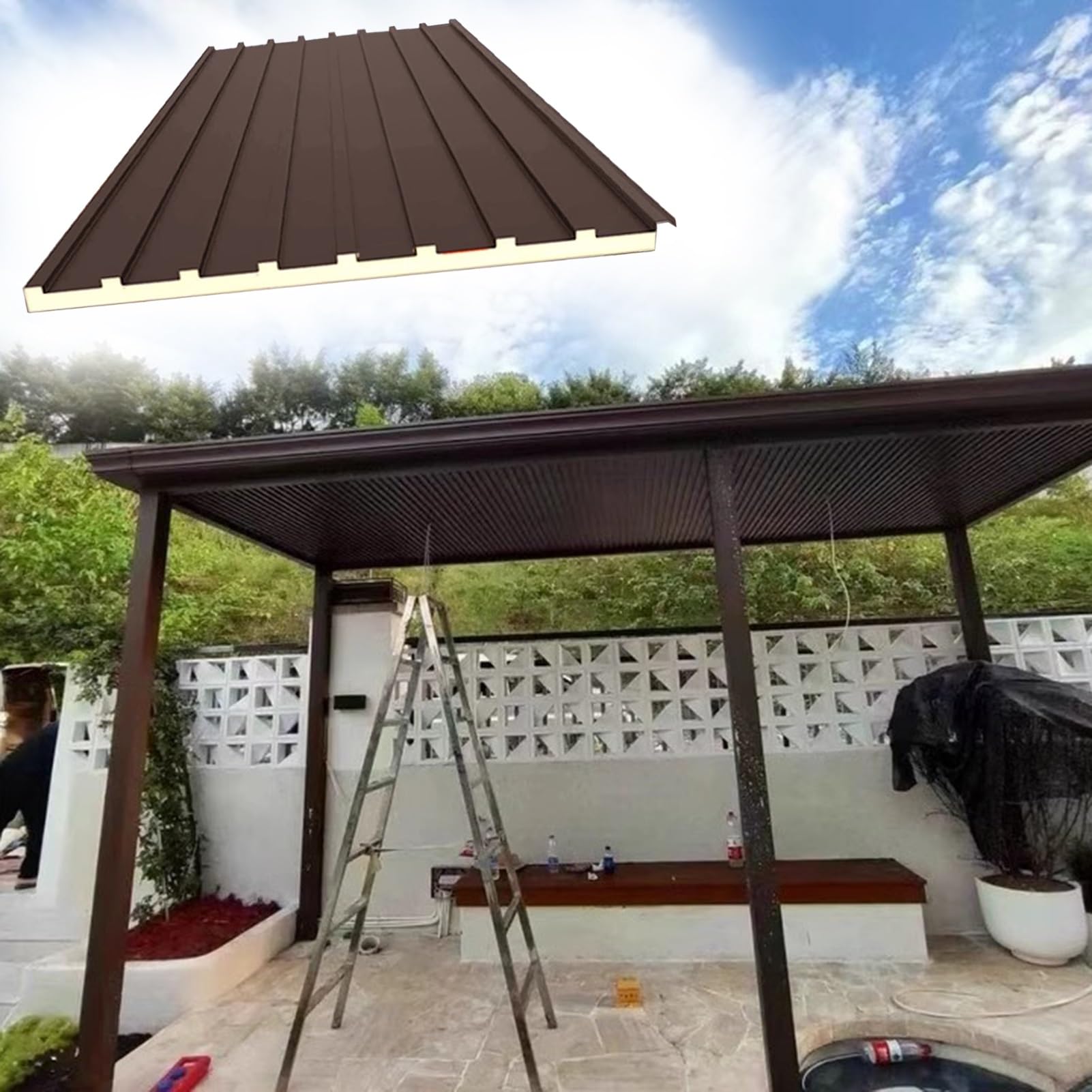 Roofing Sheets， Roofing Sheets House Building Roof Cladding Board, Aluminum Panels - Insulated Corrugated(Brown,L 1.5m/4.9ft)