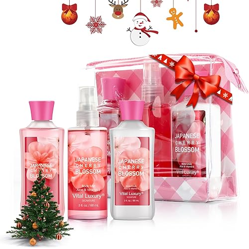 Bath & Body Care Travel Set - Home Spa Set with Body Lotion, Shower Gel and Fragrance Mist, Personal Body Care Travel Set for Birthday Christmas New Year Gifts(Japanese Cherry Blossom)