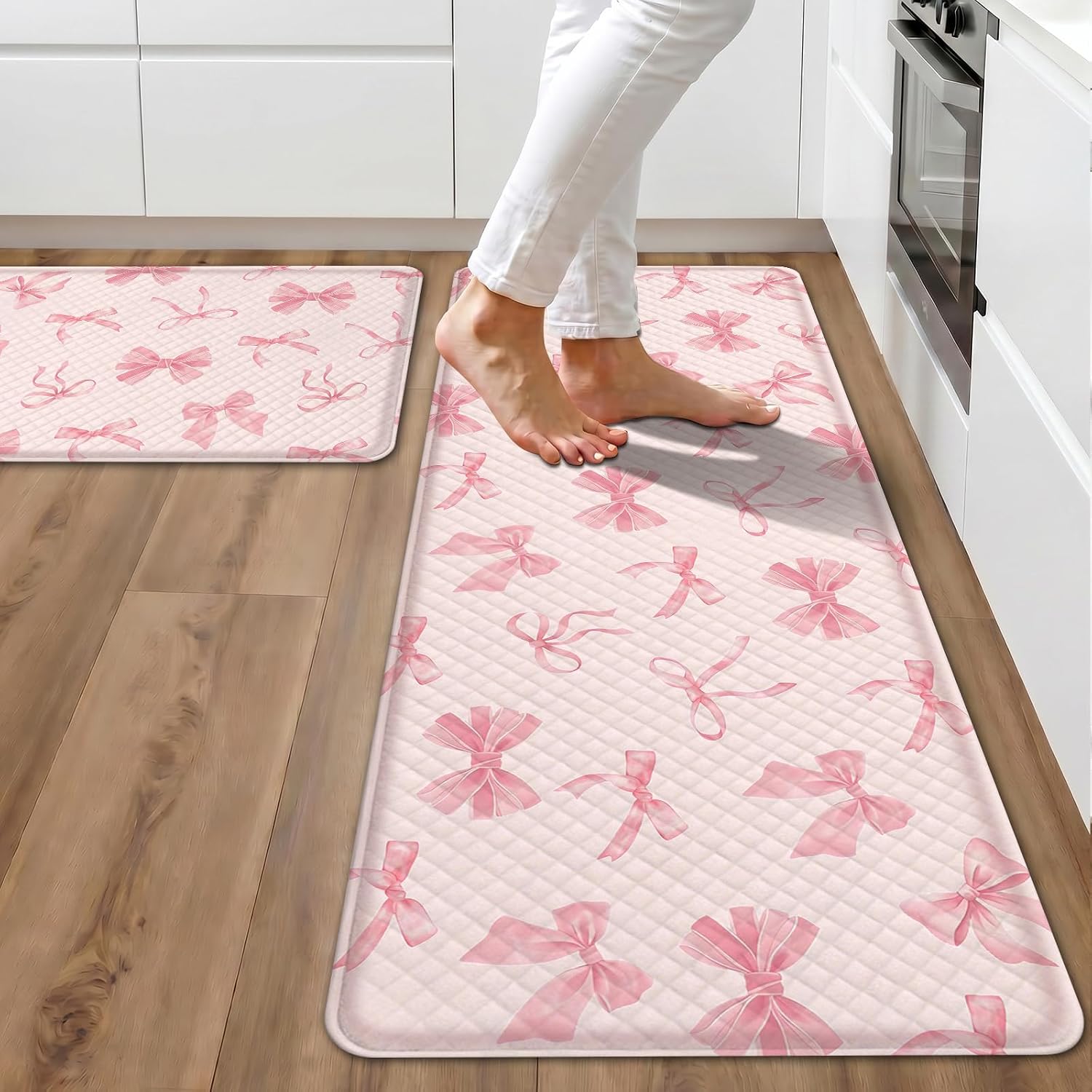 Bow Rugs for Kitchen Floor Anti Fatigue 2PCS, Bow Kitchen Mats for Floor Rubber Non Slip, Coquette Kitchen Rugs, Comfort Cushioned Standing Carpet for Sink Laundry 17" x 29.5", 17" x 47" Pink