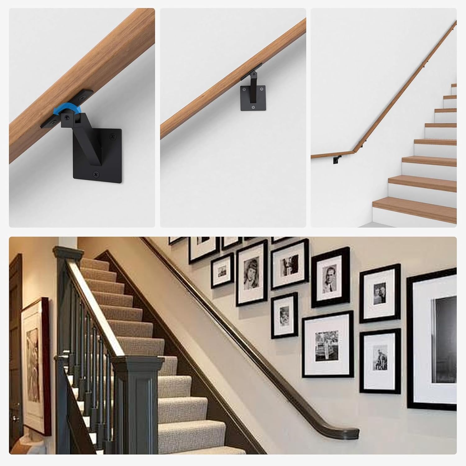 4 Pcs Handrail Bracket Black, Adjustable Handrail Brackets Iron Staircase Handrail Brackets, Swivel Hand Rail Banister Brackets for Stairs, Corridors, Offices, Living Rooms