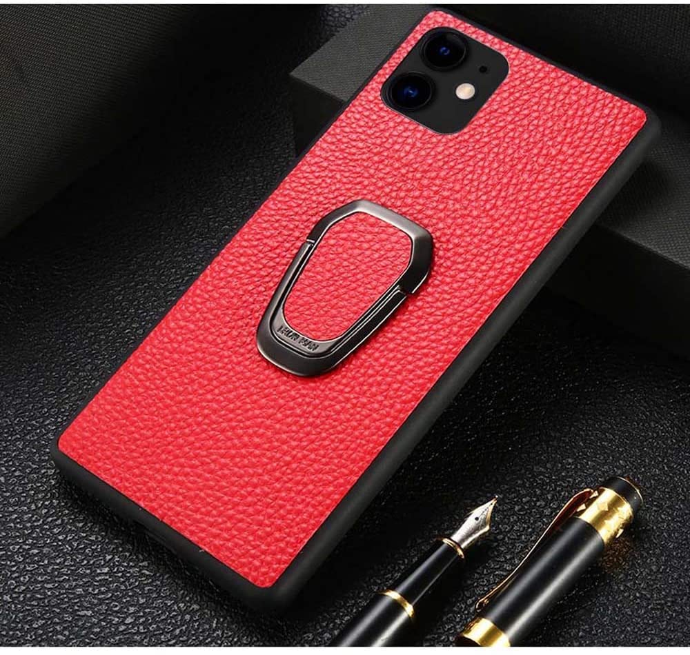 Étui cuir iPhone 12 antichoc avec béquille et anneau magnétique rouge