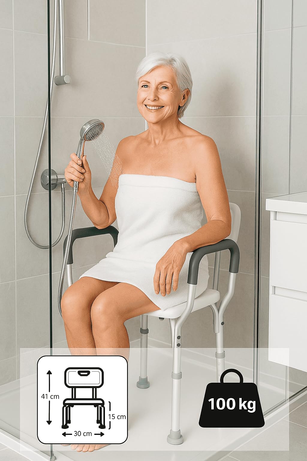 Sedia da doccia ergonomica DynaSun B539 sgabello da bagno regolabile in altezza con braccioli e schienale per anziani e persone con mobilità ridotta