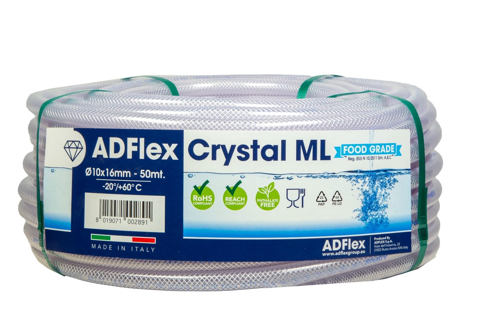 Tubo in PVC trasparente Crystal Retex ML 10x16 m 50 Rinforzato, Ultra Resistenza, Qualità Alimentare, passaggio aria, aria compressa, passaggio liquidi, acqua potabile, irrigazione