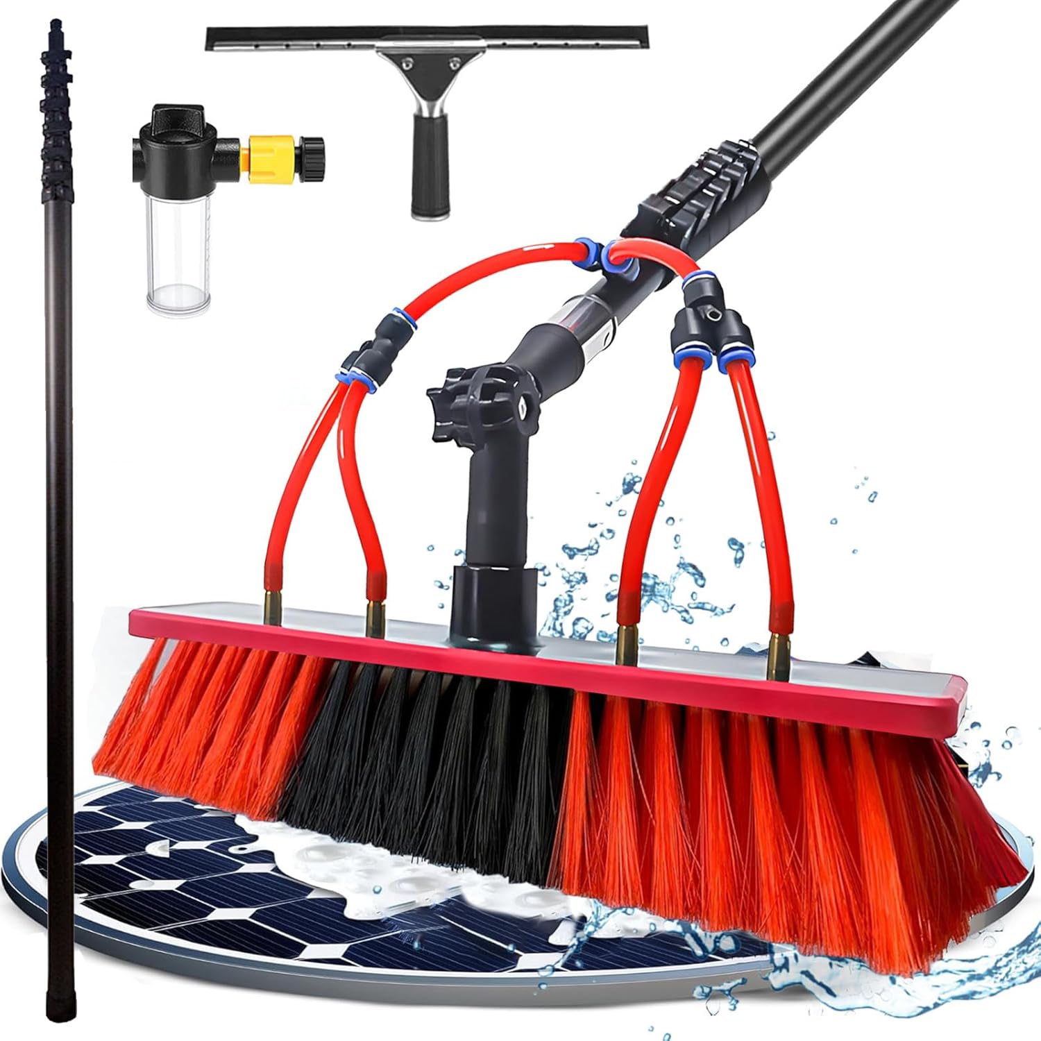 Carbon Fibre Telescopic Pole 33ft Washing Kit: Water-fed Brush, Squeegee, Soap Dispenser, 10M Telescoping Pole and 20m Hose, Cleaning Solar Panels, Windows, Roofs & Cars