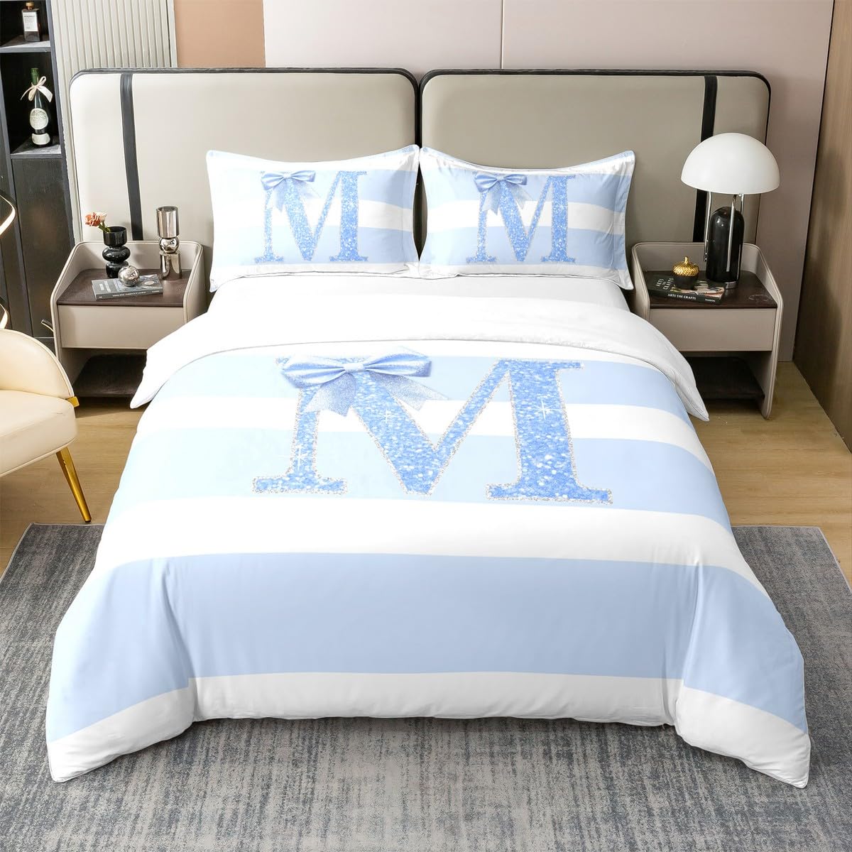 Housse de couette glitter bowknot en coton bleu 220x240 avec lettre M