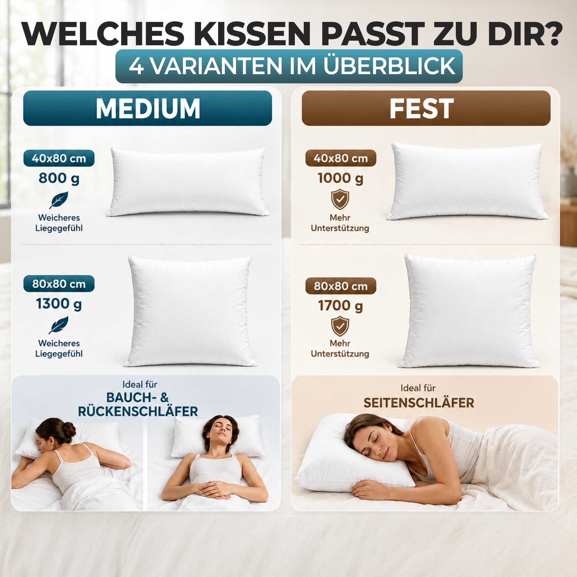 Daunenkissen 80x80 – 3-Kammer, Fest 1700g | Federkissen 100% Daunen & Federn, 100% Baumwollbezug, Oeko-Tex geprüft, allergikerfreundlich, DE-zertifiziert – 80x80, 1700g