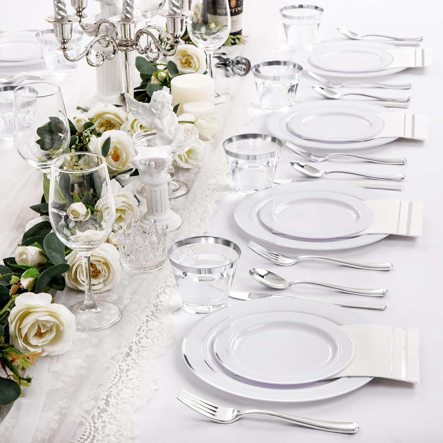 NOCCUR 700PCS Silver Plastic Plates Disposable for 100 Guests - Include 100 Dinner/Dessert White Plastic Plates with Silver Trim,300 Cutlery,100 Cups,100 Napkins for Party&Wedding