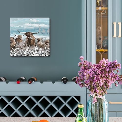 Vista 5 de Lienzo decorativo para pared, baño, estilo bohemio, costero, granja, vaca, montaña, flor, ilustración, obra de arte floral, paisaje rústico de Arte