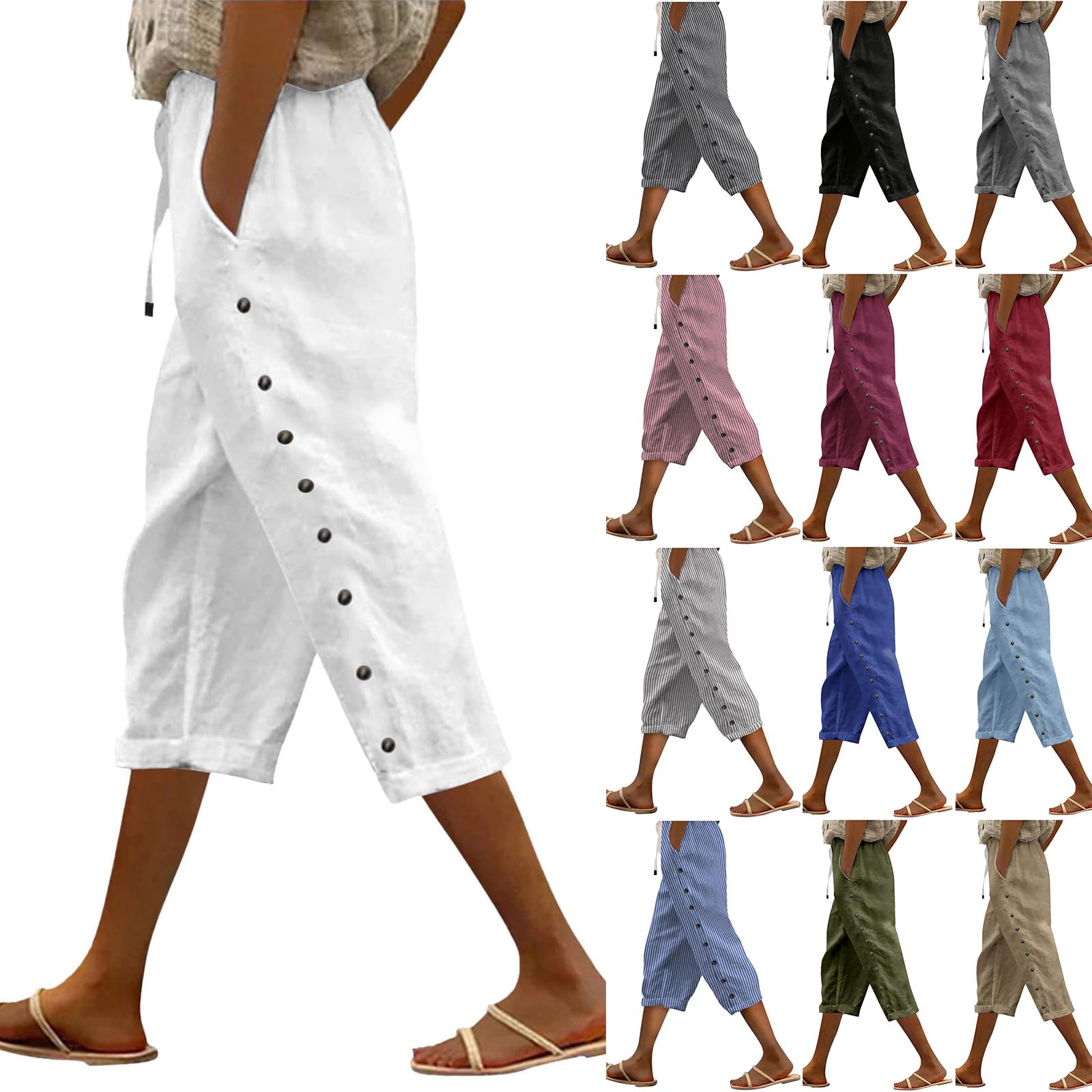 kosheko Linen Pants Women 2026 Summer Cotton Linen Capri Shorts Lightweight Drawstring Striped Short Pants with Pocket