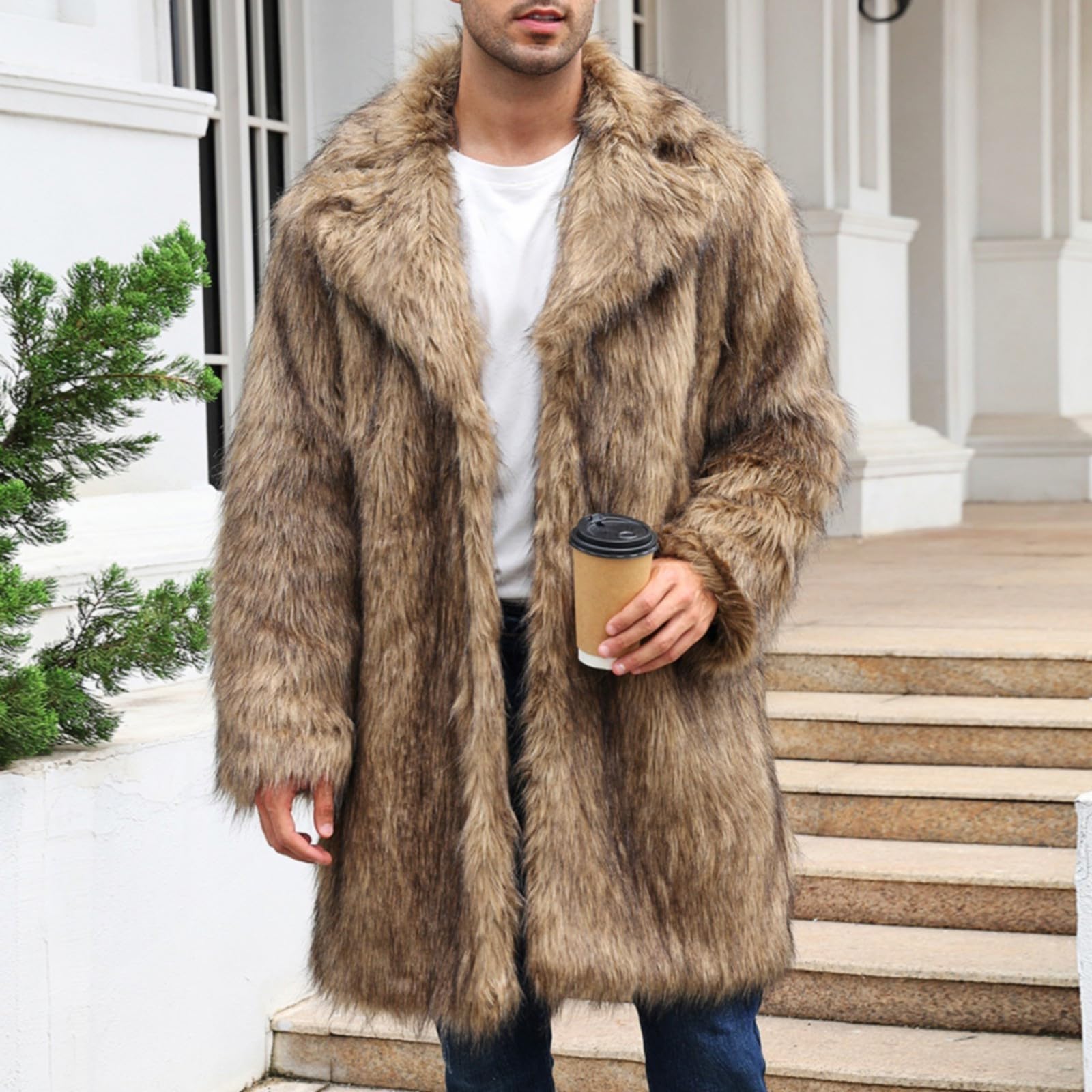Generisch Herren Kunst Pelzmantel Winterjacke Lang Kunstpelz Mantel Reverskragen Plüsch Strickjacke Warme Felljacke Pelz Jacke Lose Wintermantel Revers Pelzjacke Jacke Männer Parka