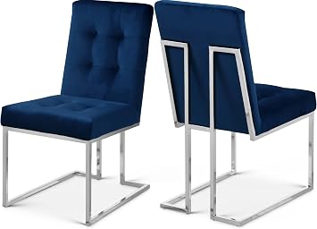 Meridian Furniture Alexis Collection Modern | Contemporary Velvet Upholstered Dining Chair with Luxurious Deep Button Tufting and Polished Chrome Metal Frame, Set of 2, 18.5" W x 25" D x 36.5" H, Navy