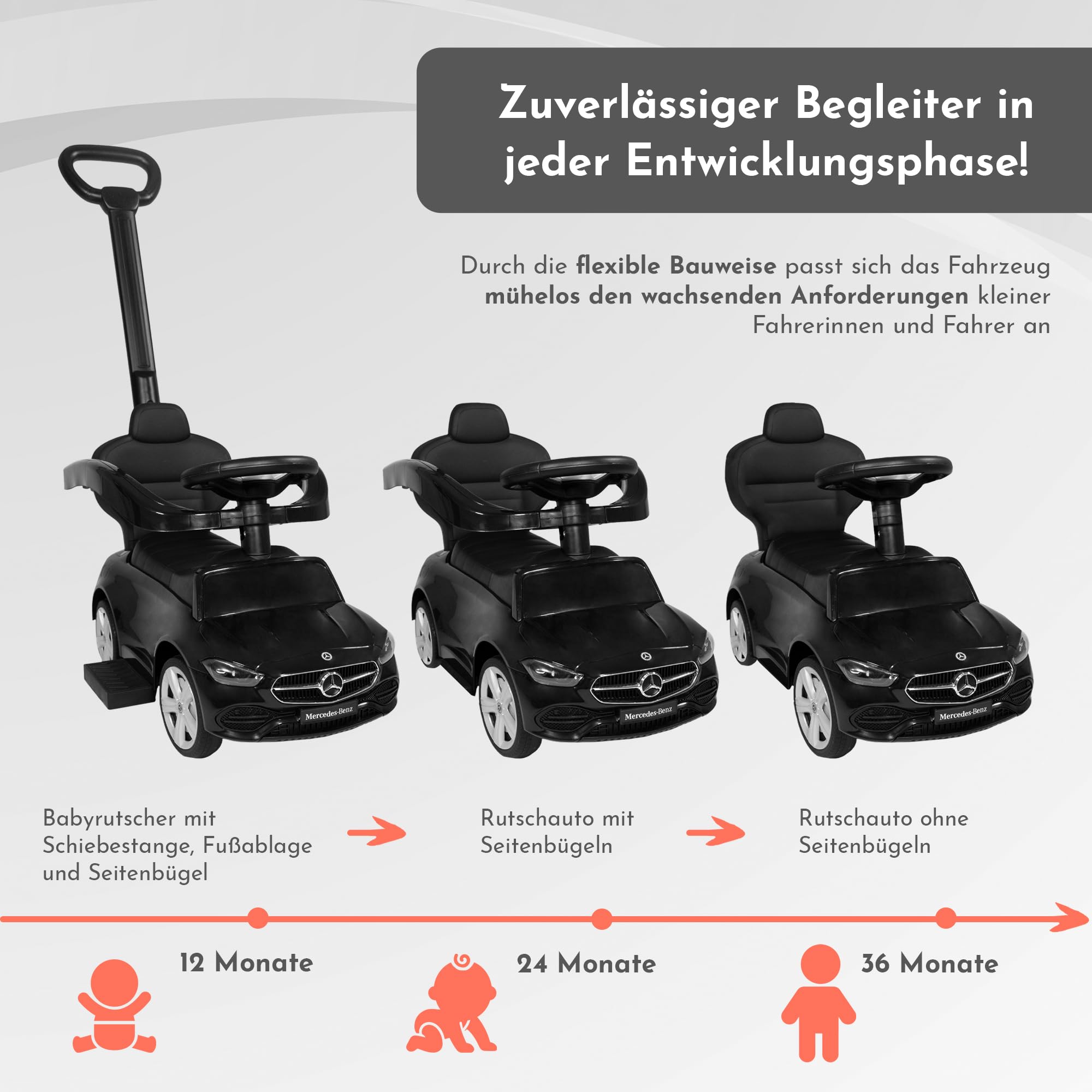 Lemodo Rutschauto schwarz ab 1 Jahr – Rutscherfahrzeug Kinderfahrzeug mit Schiebestange und Sicherheitsbügel, Rutscherauto mit Staufach und Sound-Lenkrad, Lizenziertes Kinderspielzeug von Mercedes