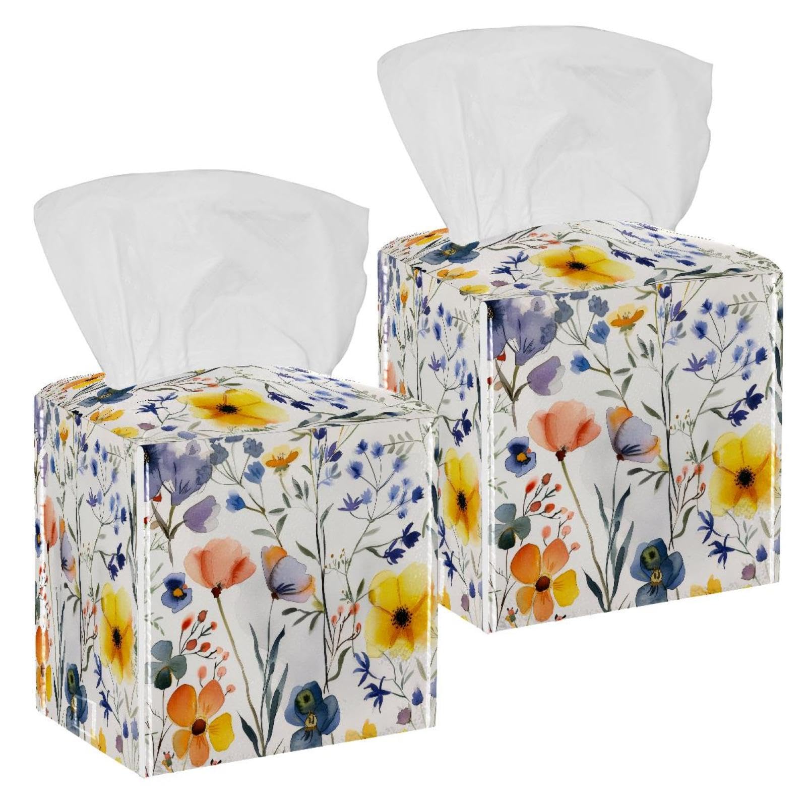 Aesthetic Flowers Tissue Box Cover, 2 Pack PU Leather Square Facial Tissue Dispenser Box holder for Home Office Car