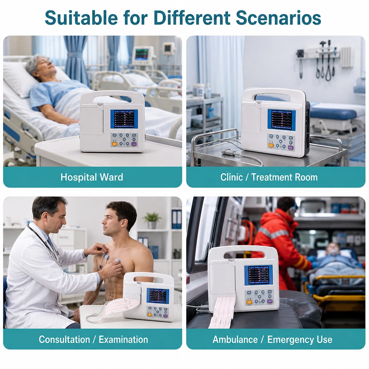 Macchina portatile ECG a 12 derivazioni, monitor cardiaco mobile con display LCD a colori per uso domestico e clinico