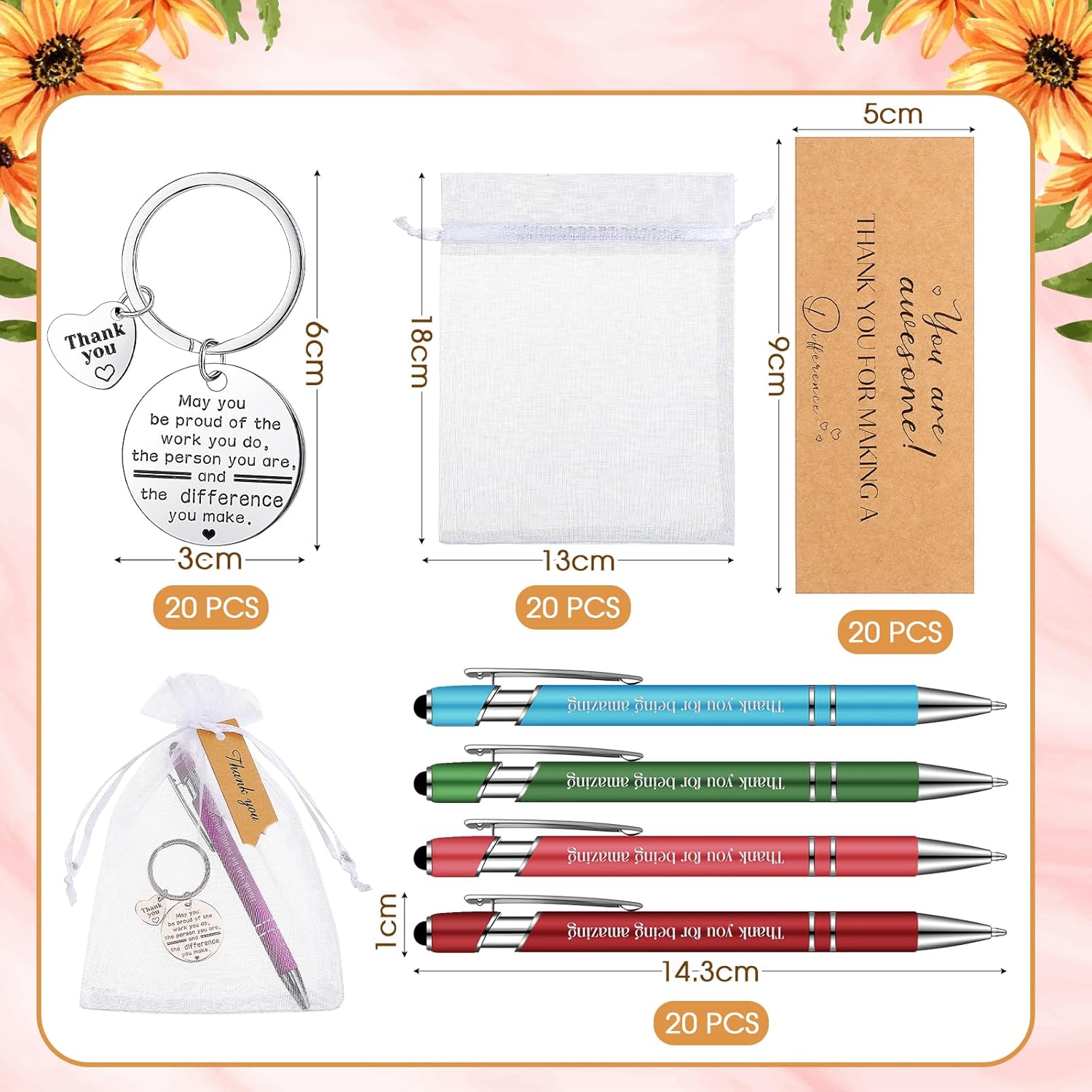 Lincia 20 Set Thanks Appreciation Gift Pens 20 Inspirational Ballpoint Pen 20 Stainless Steel Keychains and 20 Organza Bags 20 Thanks Cards for Colleague Gift(Inspirational,Rustic Color)