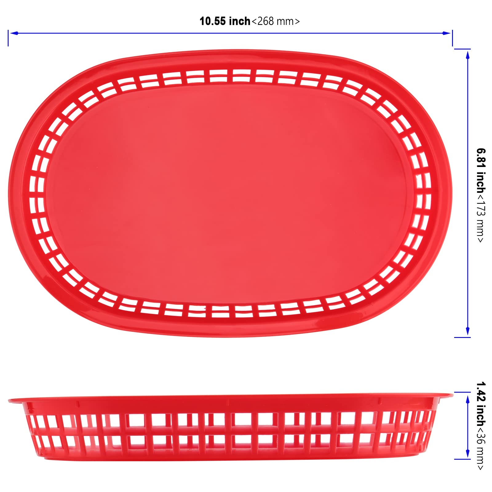Lot de 24 paniers de service de restauration rapide en plastique de forme ovale pour pain, hot-dog, hamburgers, sandwichs, frites, barbecues Rouge 28 x 17,8 cm