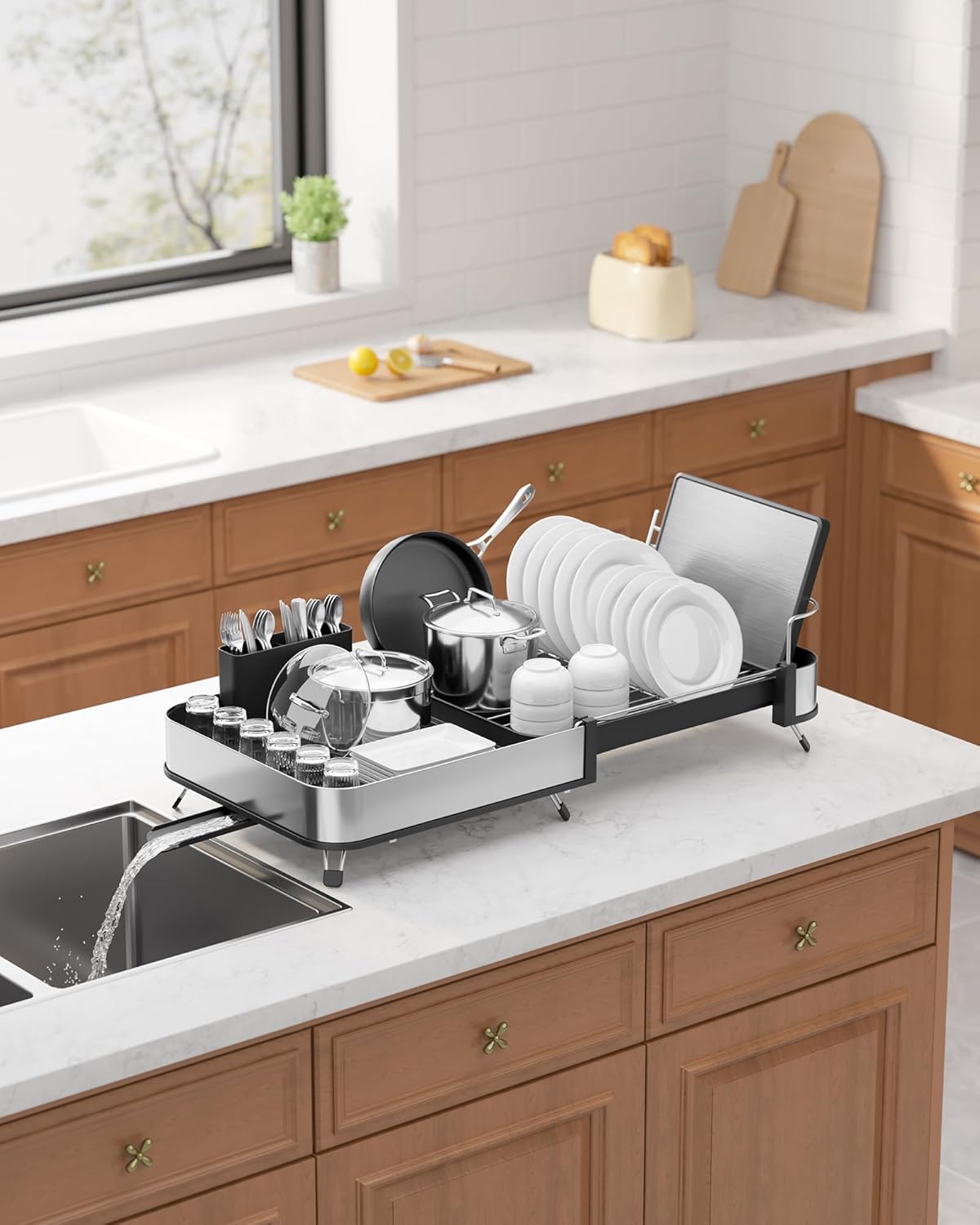 Kitsure Dish Drying Rack - Expandable Stainless Steel Dish Racks for Kitchen Counter, Auto-Drain Drying Rack for Kitchen with Cutlery Holder & Non-Slip Feet, 16.1-26.6" L x 12.6" W, Black