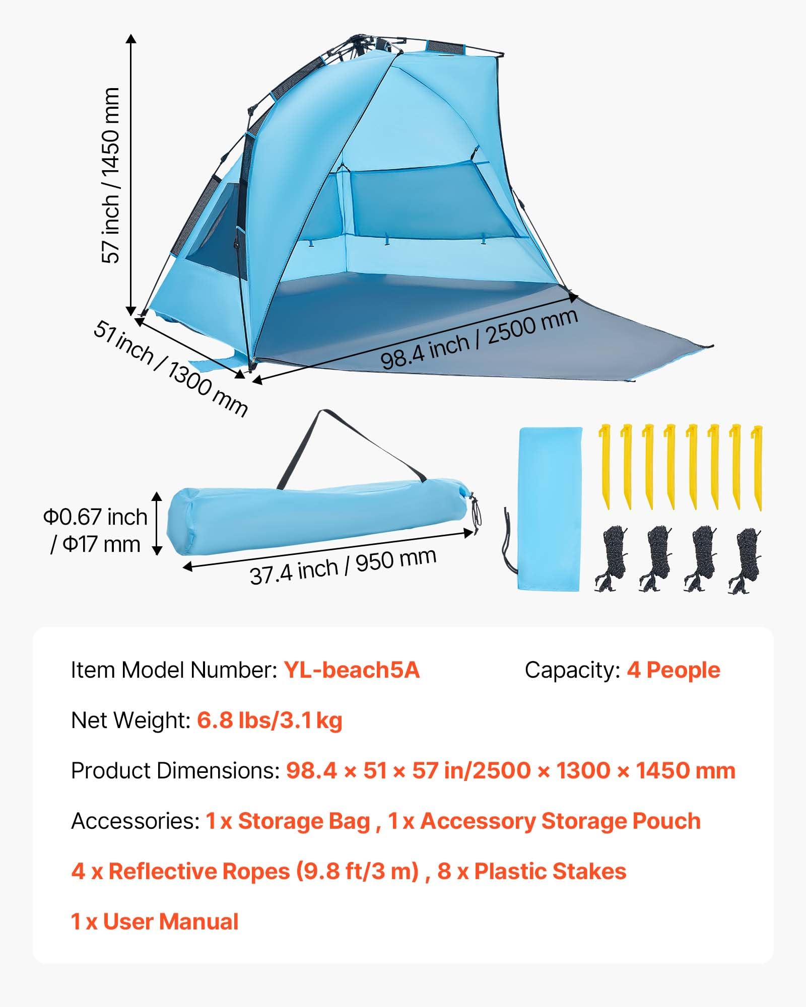 VEVOR Tienda de Playa para 4 Personas 250 x 130 x 145 cm, Carpa de Refugio de Sol Protección UPF 50+, Carpa Portátil de Playa con Bolsa de Transporte y Bolsillos para Arena, para Picnics, Azul