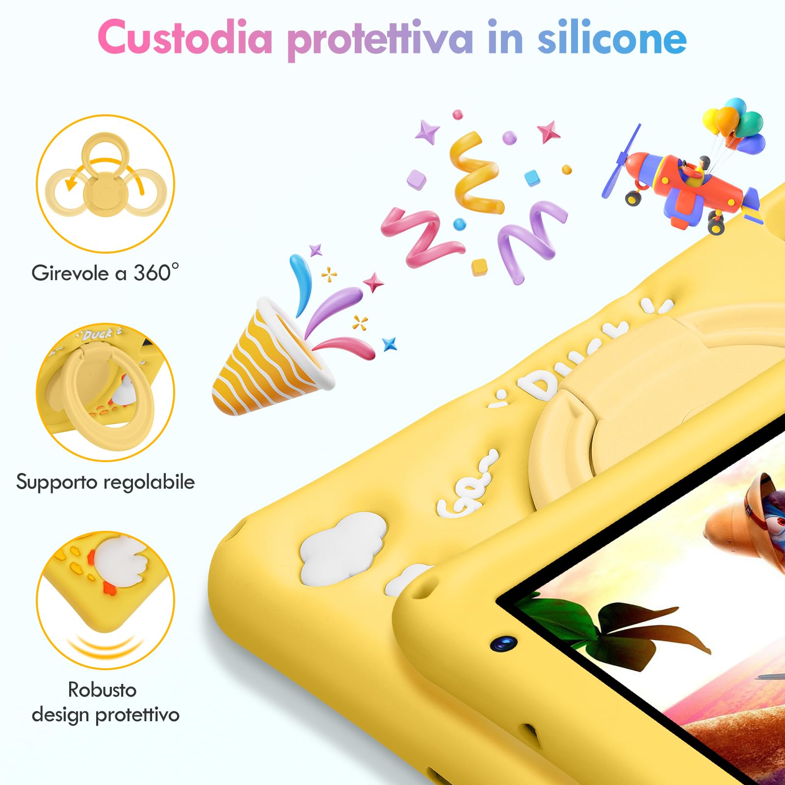 BISAIKASOW Tablet Bambini 7pollici, Android 13, Octa-Core, 8GB+64GB (esp. 256GB), 5800mAh Batteria, Doppia Cam. 5MP+8MP, Software Bambini, Controllo Parentale, con Custodia