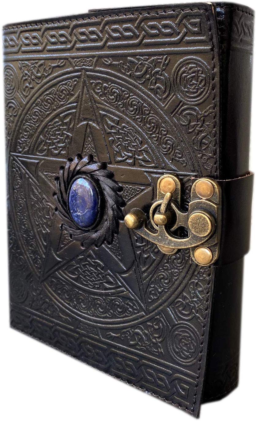 Wiccan leather journal black pentagram embossed blank spell book of