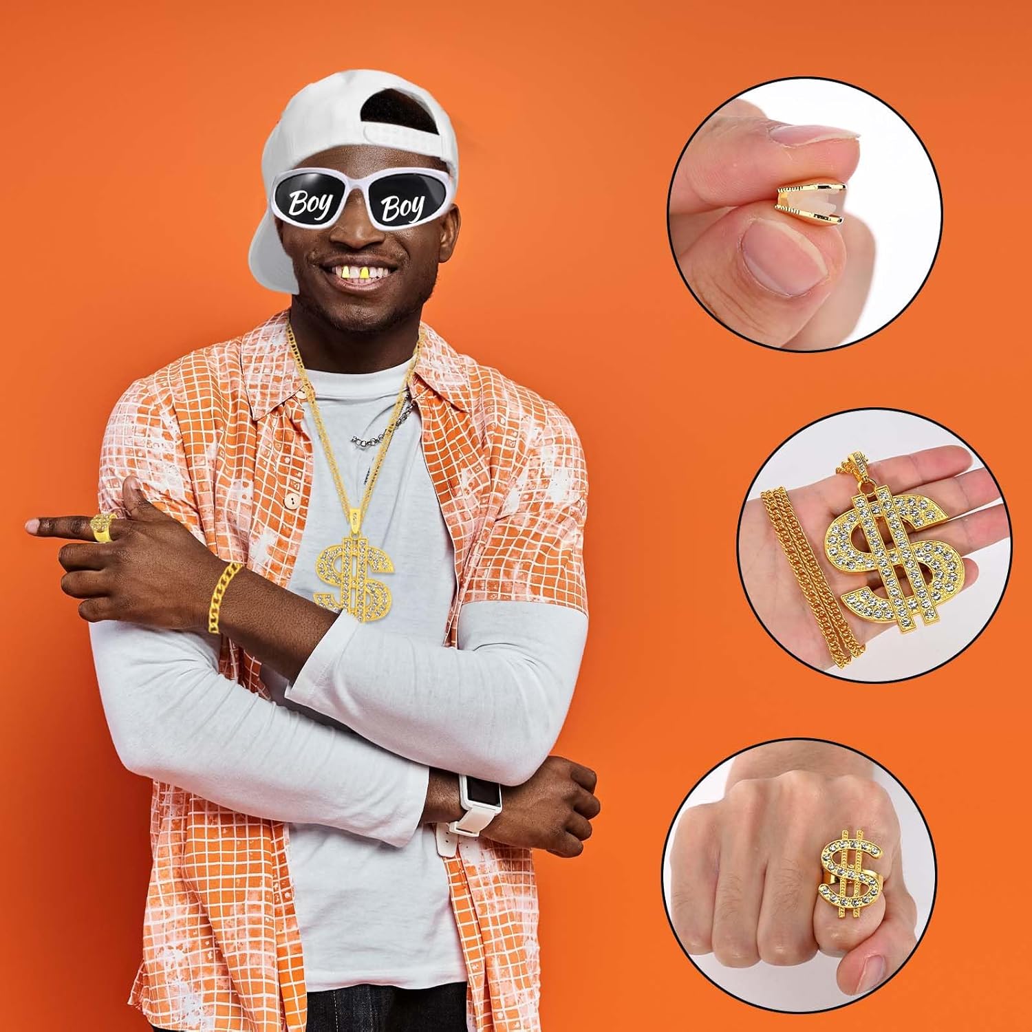 9 Pcs Hip Hop Costumes Kit 2000s 80s 90s Rapper Outfit Accessories Sunglasses Necklace Hat Gold Grill Ring Pens for Men Women Halloween Cosplay Themed Party - Image 4