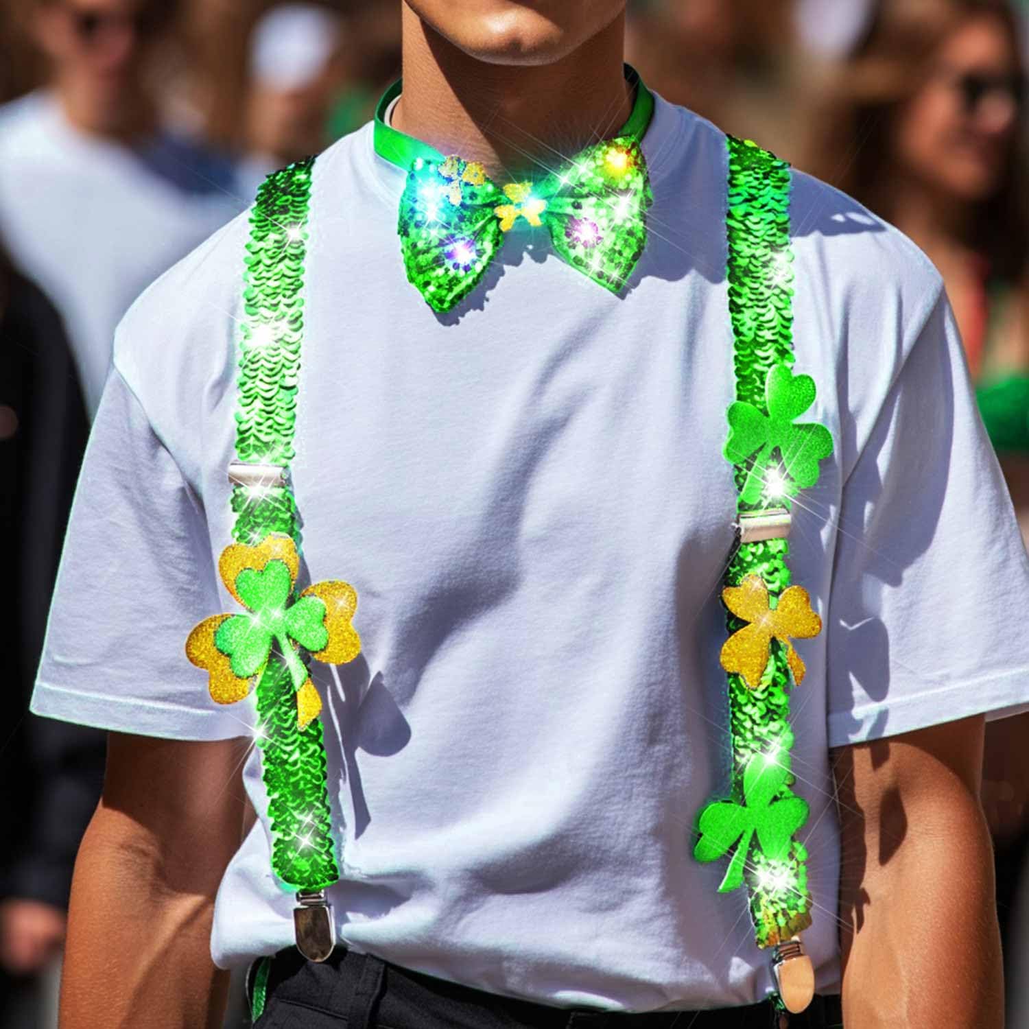 Nicute St Patricks Day Suspenders Light Up Sequin Suspenders Bowtie Set Clover Funny Irish Accessories for Women and Men