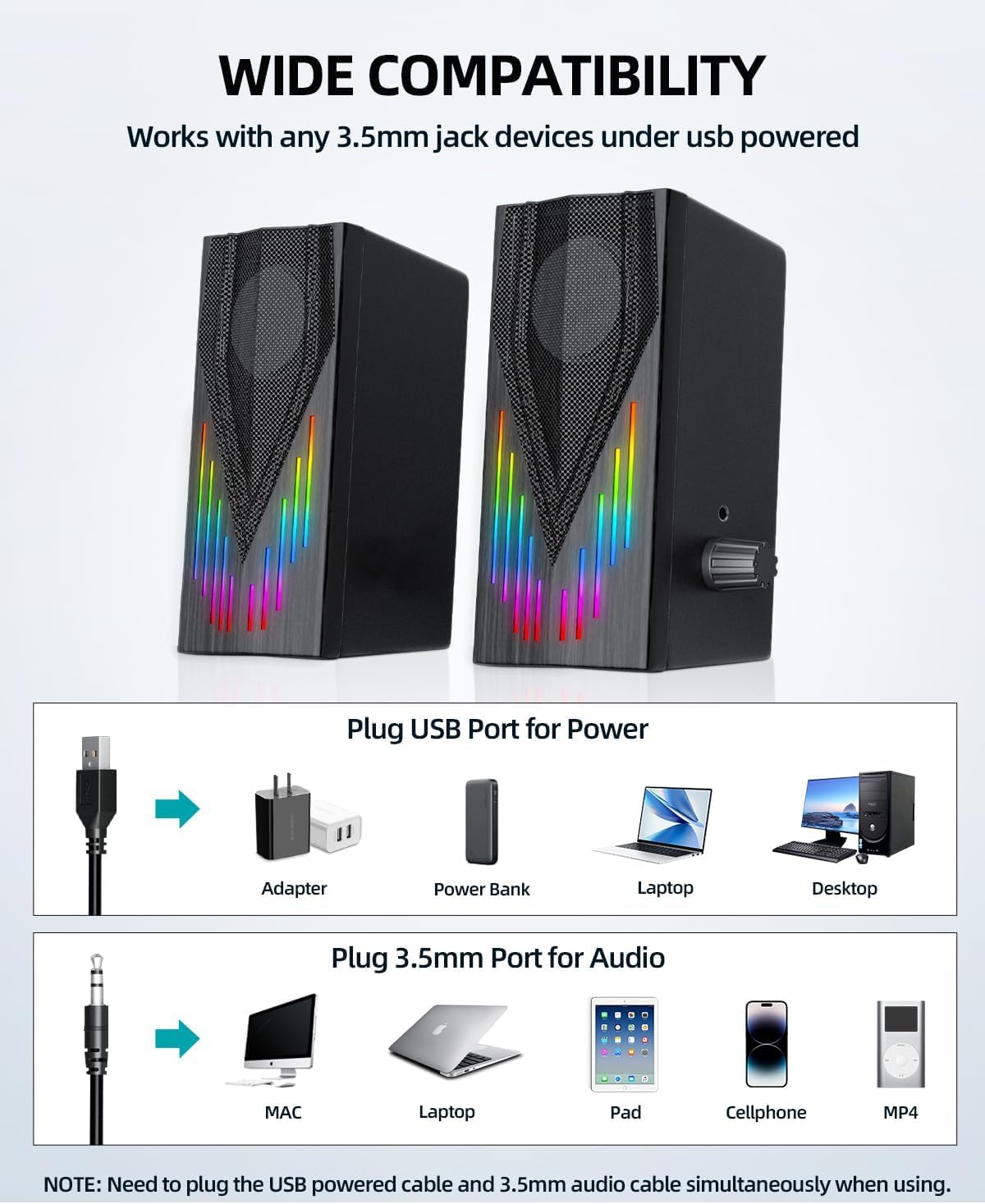 Uakinat Altoparlanti per computer con 6 luci RGB colorate, alimentati tramite USB AUX da 3,5 mm con suono stereo forte, ingresso cuffie per desktop, PC/laptop/tablet telefono