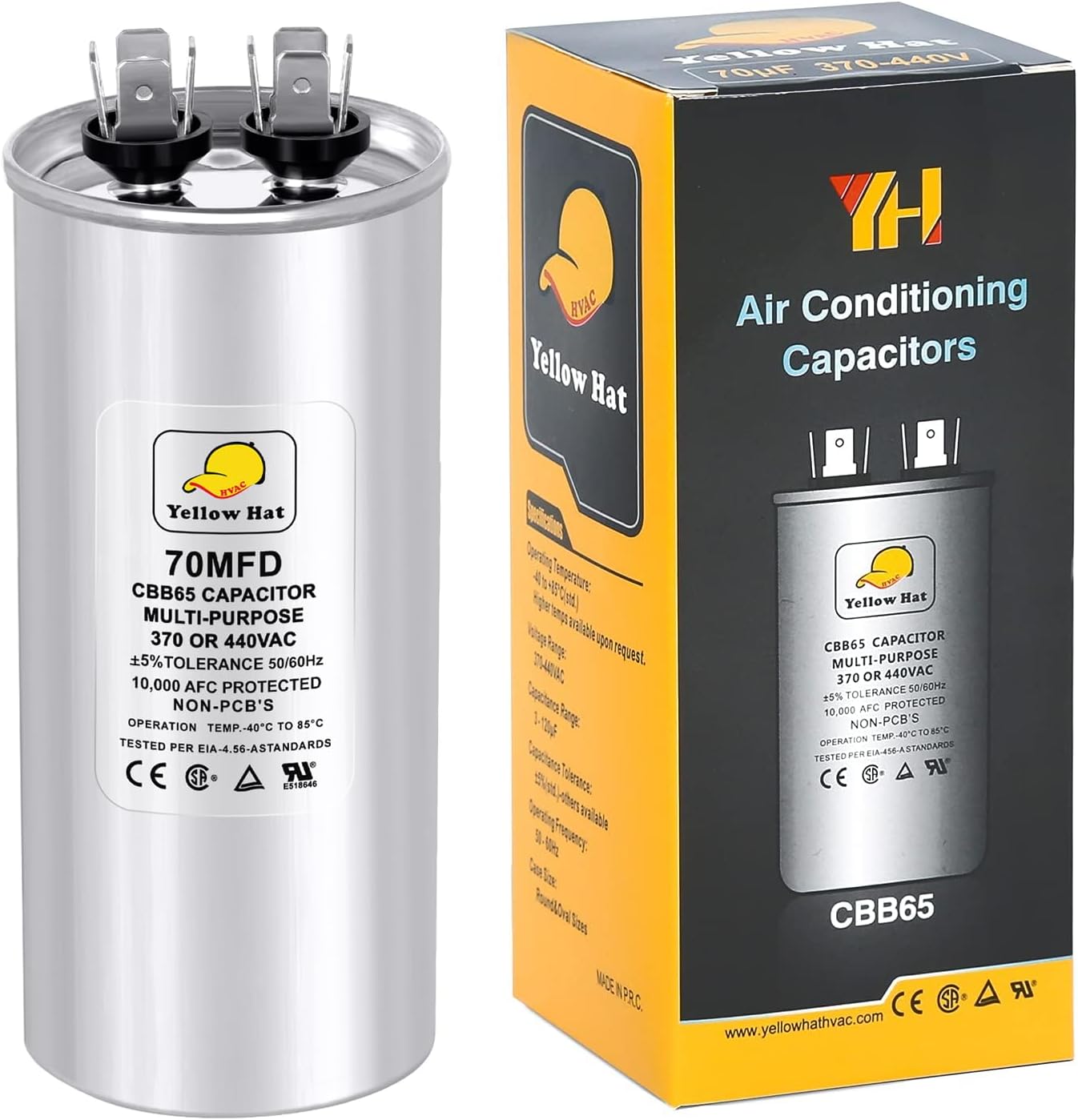 Capacitor for Air Conditioner 70 uf MFD 370 or 440 Volt VAC, Multi-Purpose Round Capacitor for AC Motor Run or Fan Motor Start or Condenser Straight