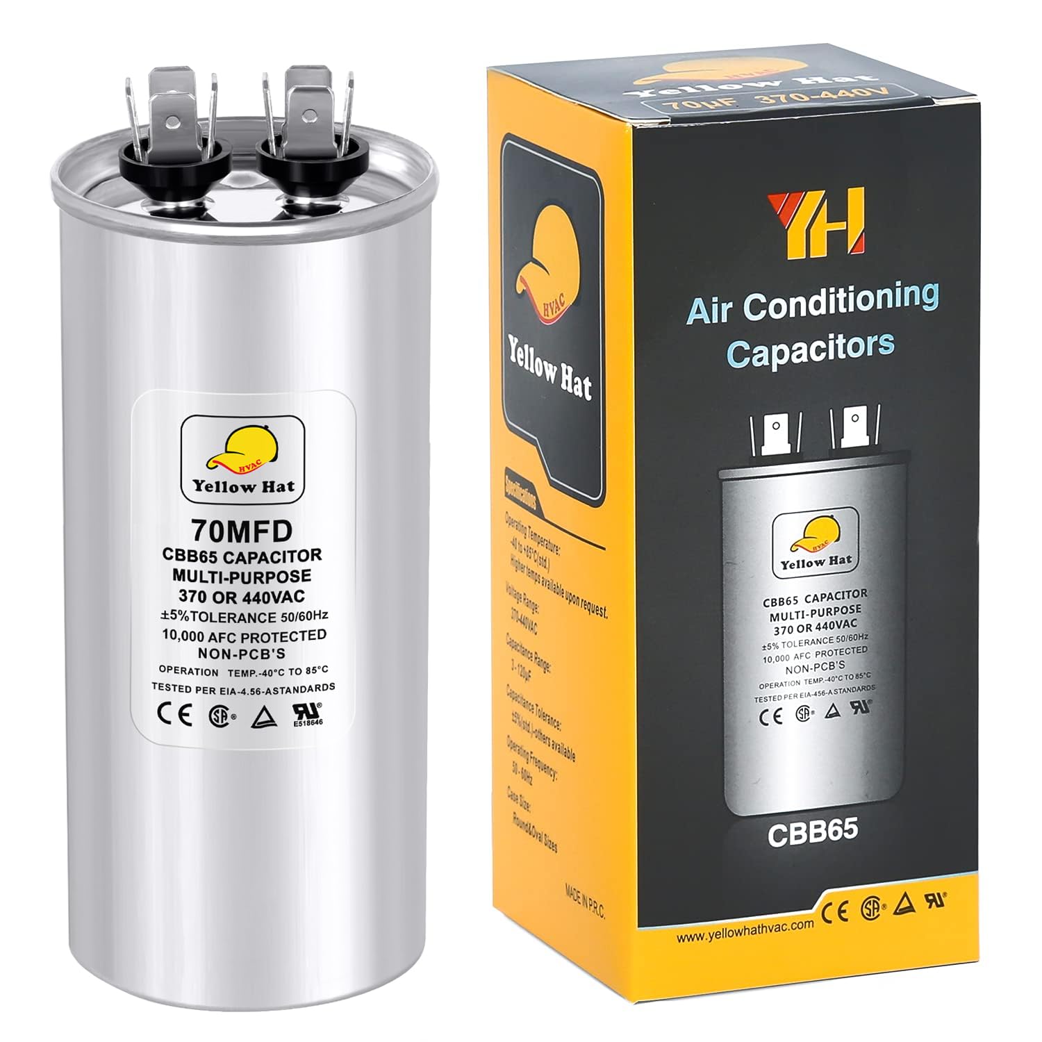Capacitor for Air Conditioner 70 uf MFD 370 or 440 Volt VAC, Multi-Purpose Round Capacitor for AC Motor Run or Fan Motor Start or Condenser Straight