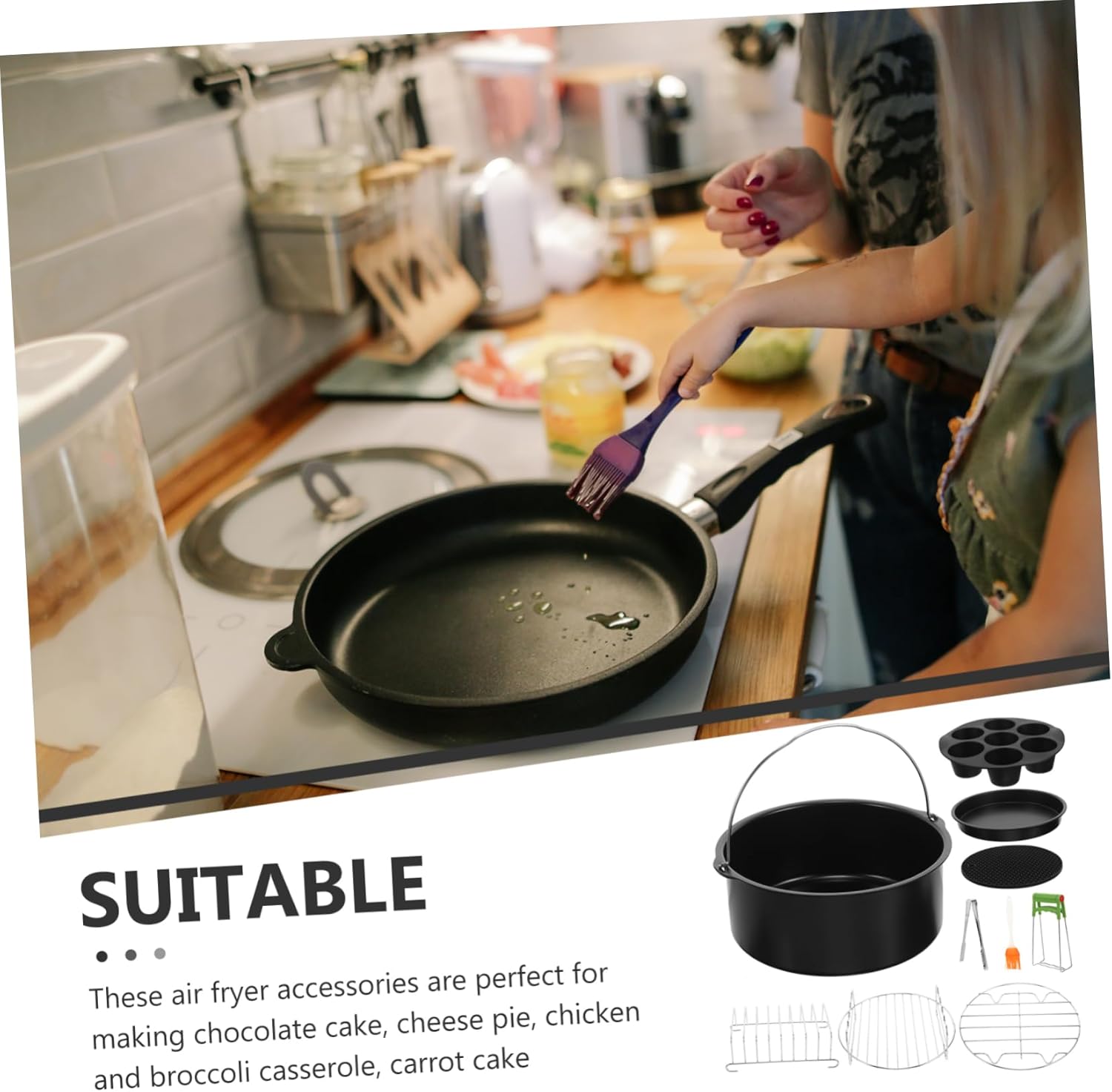 SECFOU 9pcs Air Fryer Kit Frying Pan Cake Pan Set Baking Cooking Accessories Non-stick Dishwasher Safe